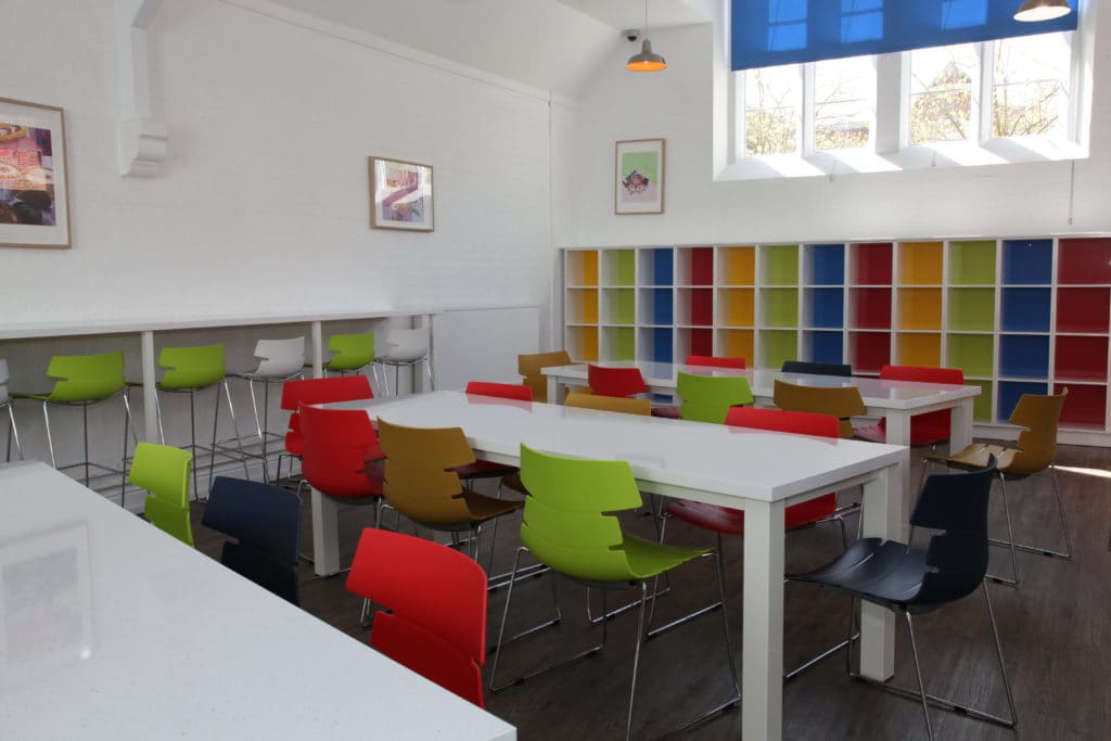 Colourful chairs in a classroom