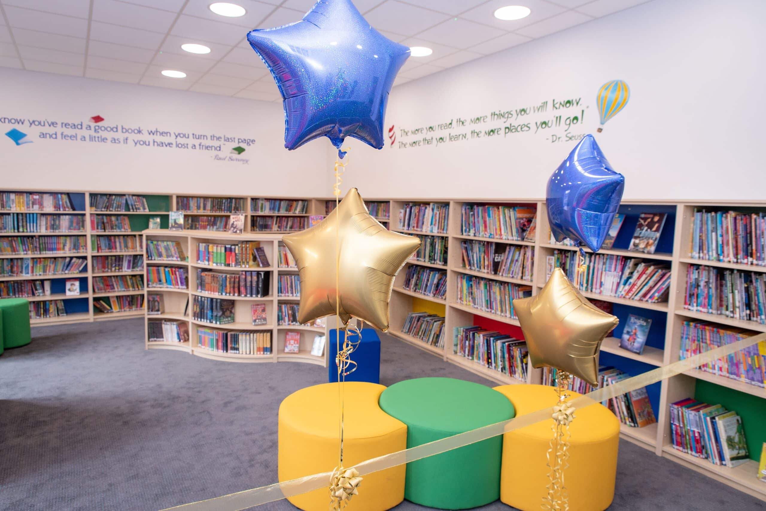 Blue Coat School Library with balloons